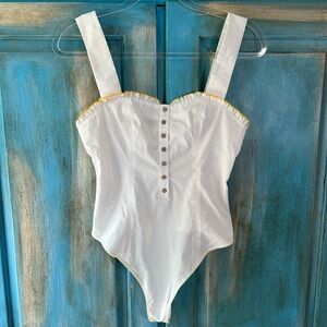 Free People White Bodysuit with yellow ruffle trim